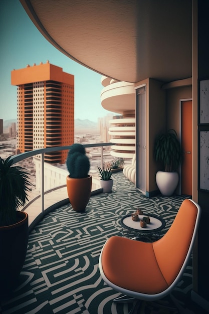 There is a chair that sitting on balcony with view of the city generative ai