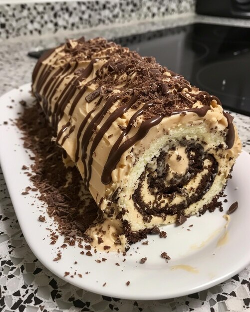 there is a chocolate roll with a chocolate drizzle on it generative ai