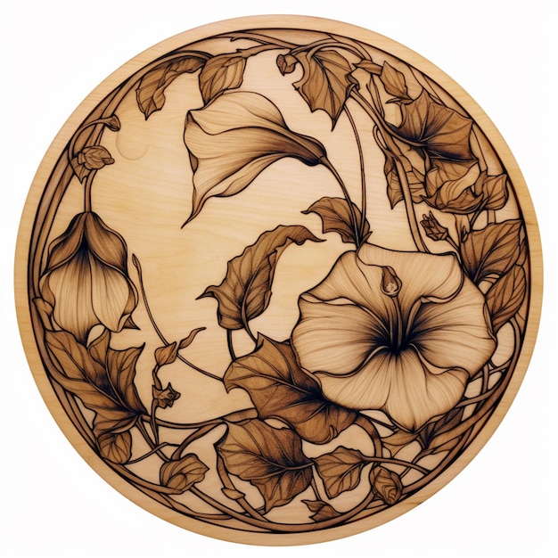 there is a circular picture of flowers and leaves on a wooden plate generative ai