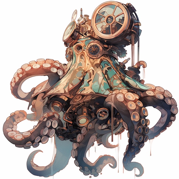 there is a clock that is attached to an octopuss head generative ai