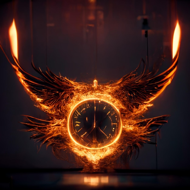 There is a clock with wings on it in the dark generative ai