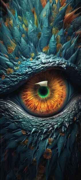 There is a close up of a dragon eye with a feather on it generative ai