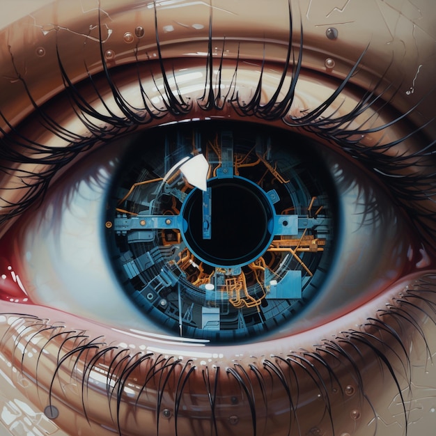 There is a close up of a human eye with a circuit in the iris generative ai