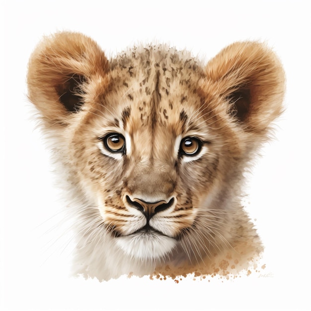 There is a close up of a lion cubs face on a white background generative ai