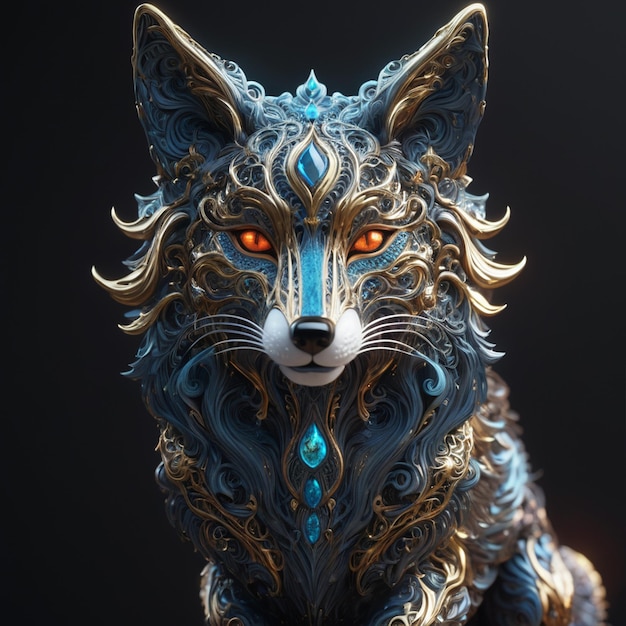 there is a close up of a statue of a fox with a blue and gold face