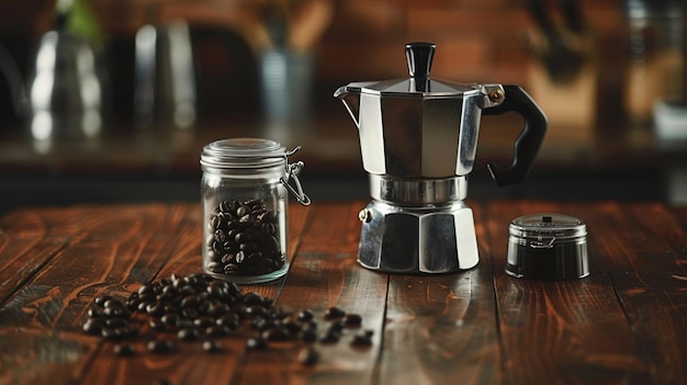 there is a coffee maker and some coffee beans on a table generative ai