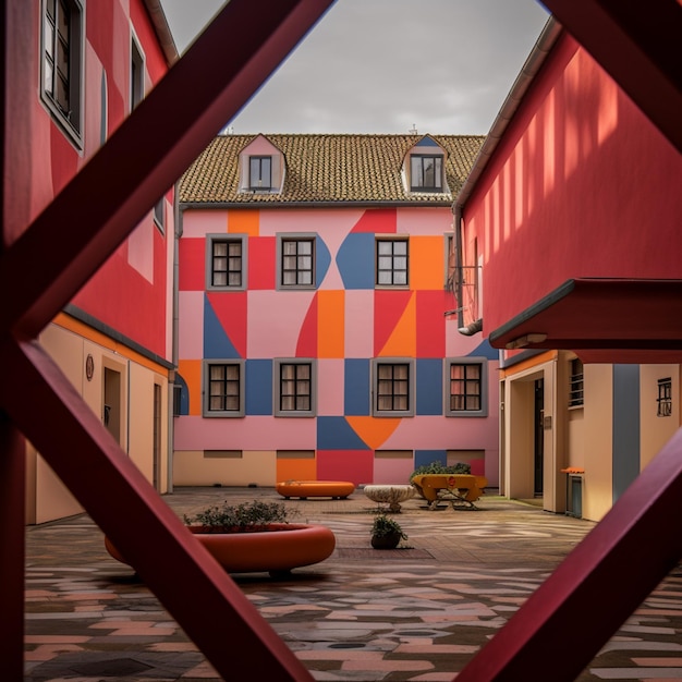 There is a colorful building behind a red fence generative ai