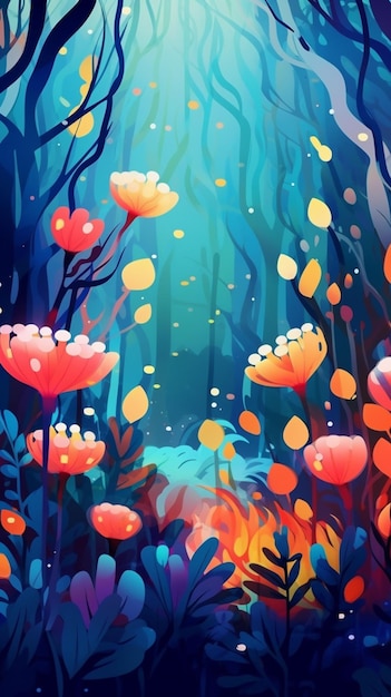 There is a colorful illustration of a forest with flowers and trees generative ai