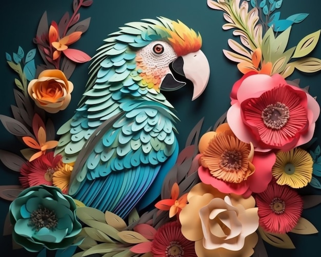 there is a colorful parrot sitting on a branch with flowers generative ai