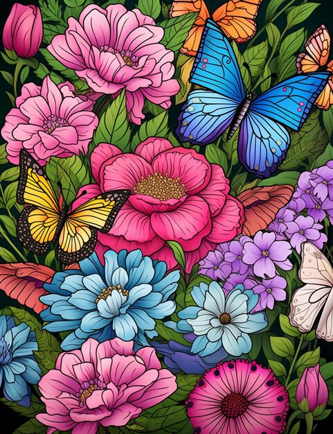 There is a colorful picture of a bunch of flowers and butterflies generative ai