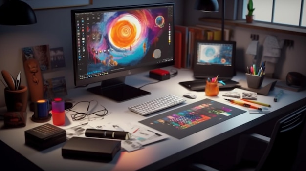 There is a computer monitor sitting on a desk with a keyboard and mouse generative ai