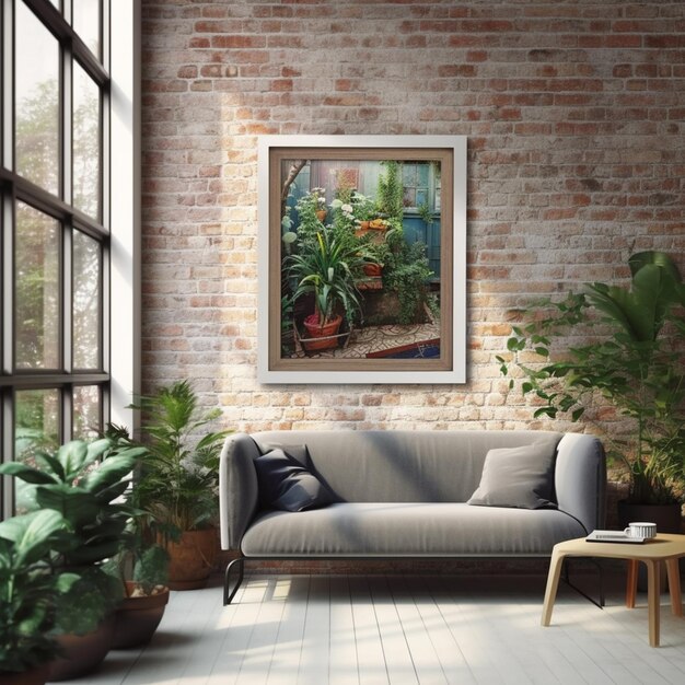 there is a couch in a room with a painting on the wall generative ai