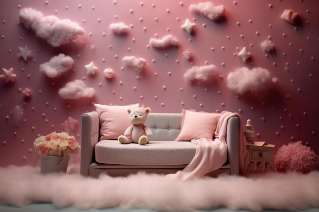 there is a couch with a teddy bear on it in a room generative ai