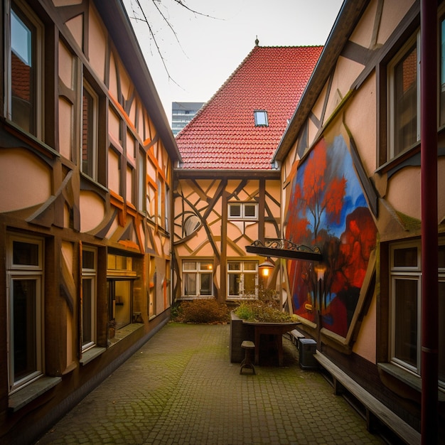 There is a courtyard with a bench and a building with a red roof generative ai