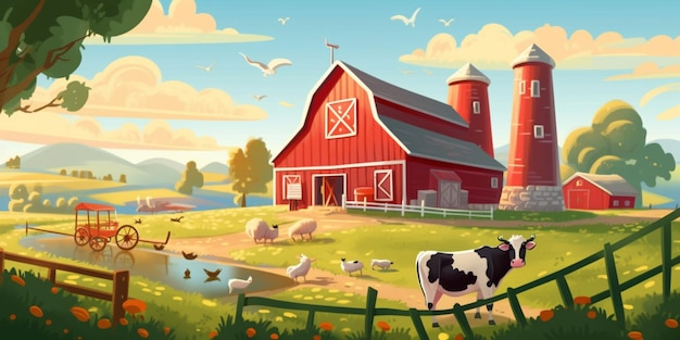 There is a cow standing in the grass near a barn generative ai