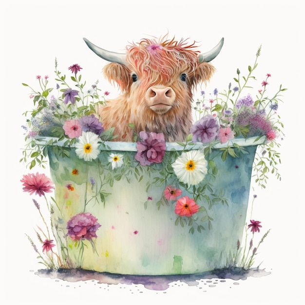 There is a cow that is sitting in a flower pot generative ai