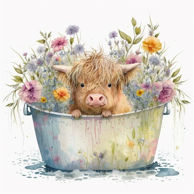 There is a cow that is sitting in a tub of flowers generative ai