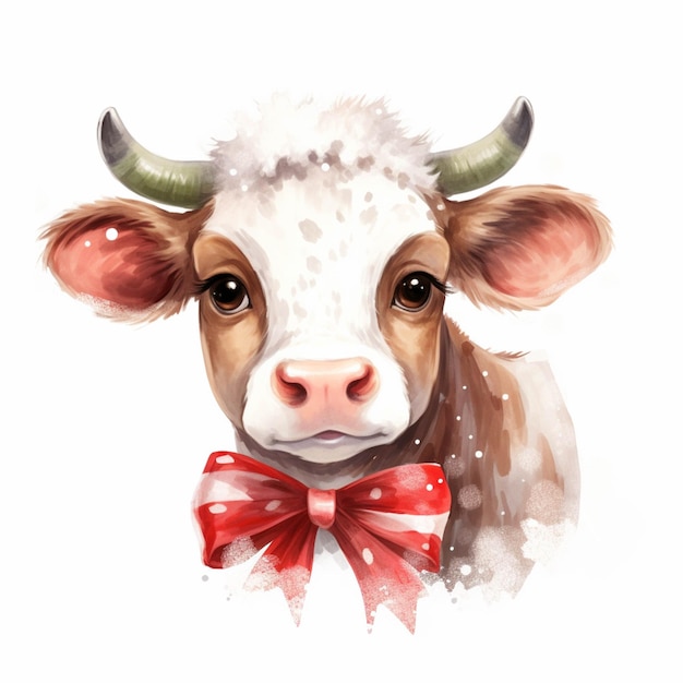 There is a cow with a bow tie on its head generative ai