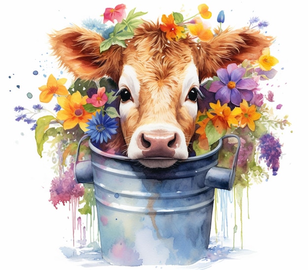 there is a cow with a flower crown in a bucket generative ai