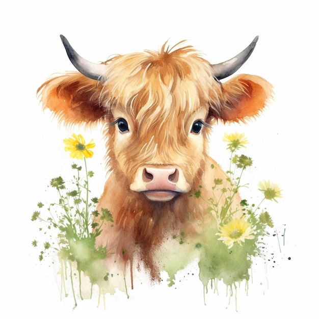 There is a cow with horns and a flower in the grass generative ai