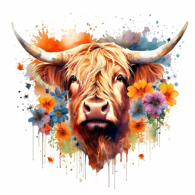 There is a cow with horns and flowers on its head generative ai