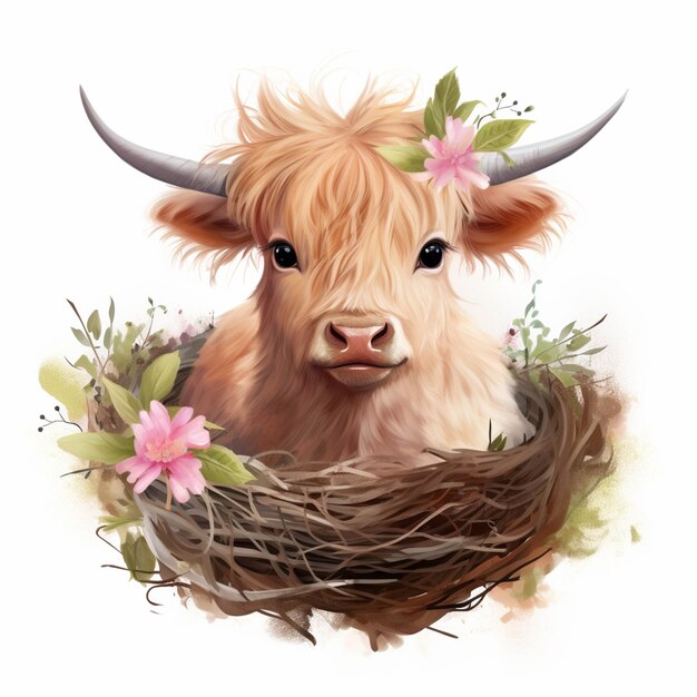 There is a cow with horns and flowers in a nest generative ai