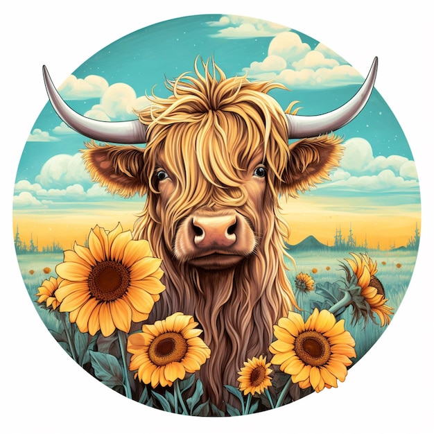 There is a cow with long horns and sunflowers in a field generative ai