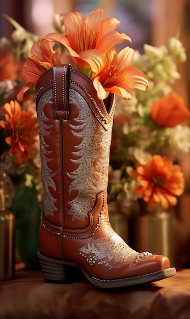 There is a cowboy boot with a flower in it on a table generative ai