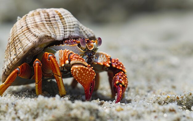 there is a crab that is sitting on the sand with a shell generative ai