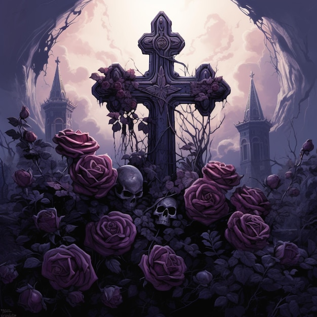 there is a cross and a skull in a field of roses generative ai