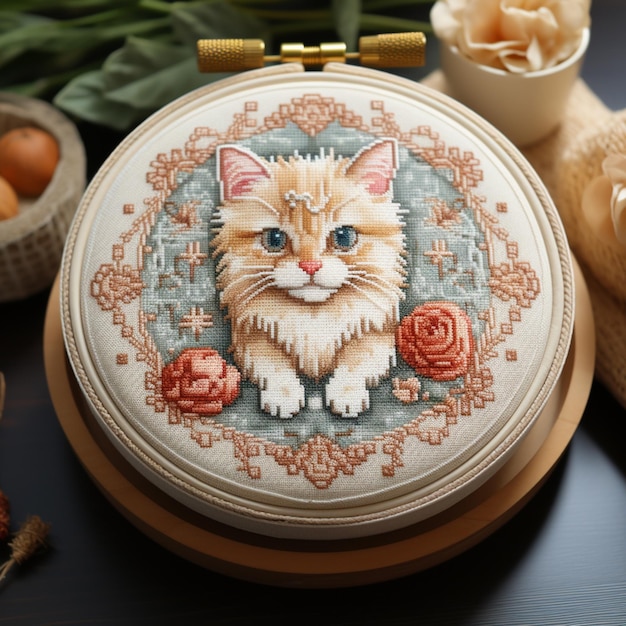 there is a cross stitch picture of a cat on a table generative ai