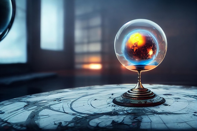 There is a crystal ball sitting on a table with a map in the background generative ai