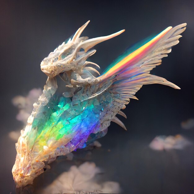 There is a crystal dragon statue with a rainbow colored tail generative ai