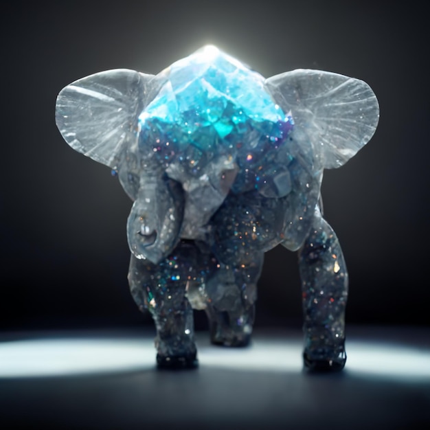 There is a crystal elephant that is standing in the dark generative ai