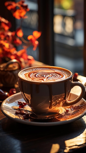 there is a cup of coffee on a saucer on a table generative ai