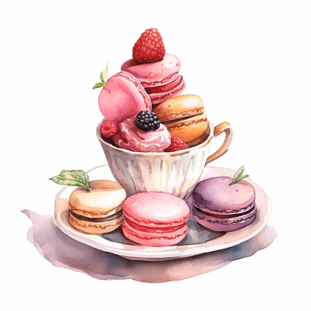 There is a cup of ice cream and macarons on a plate generative ai