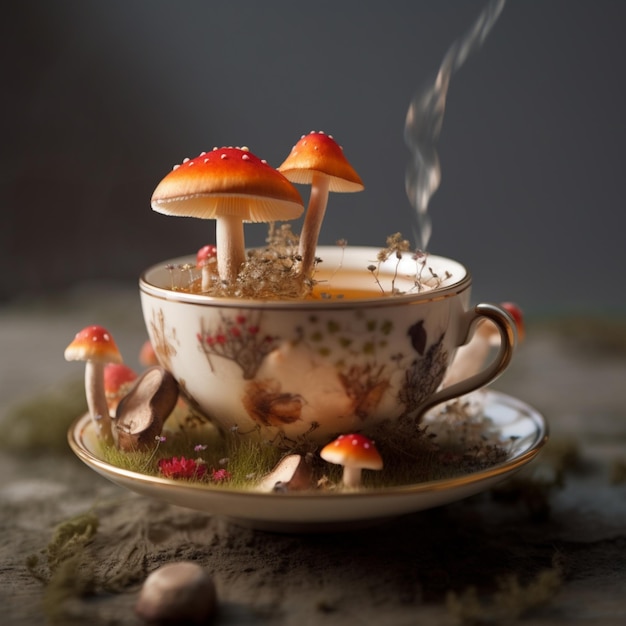 There is a cup of tea with mushrooms in it on a table generative ai