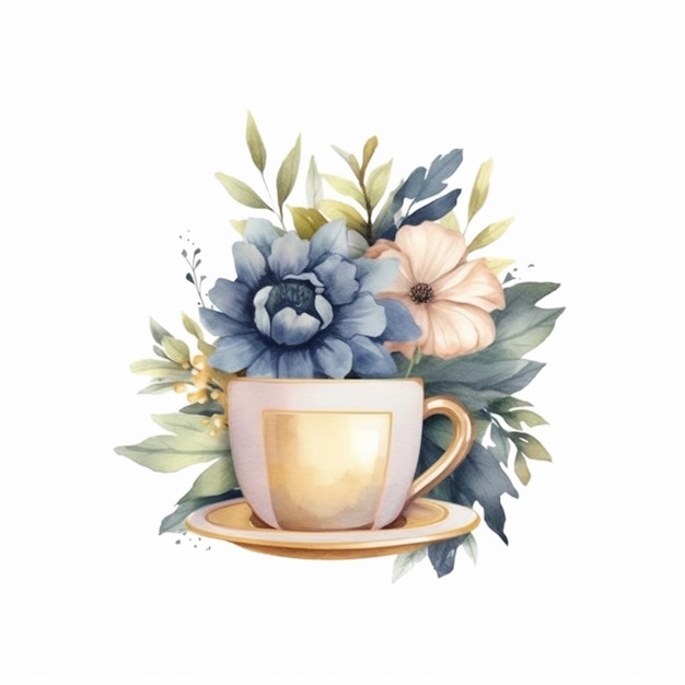 There is a cup with flowers on it and a saucer generative ai