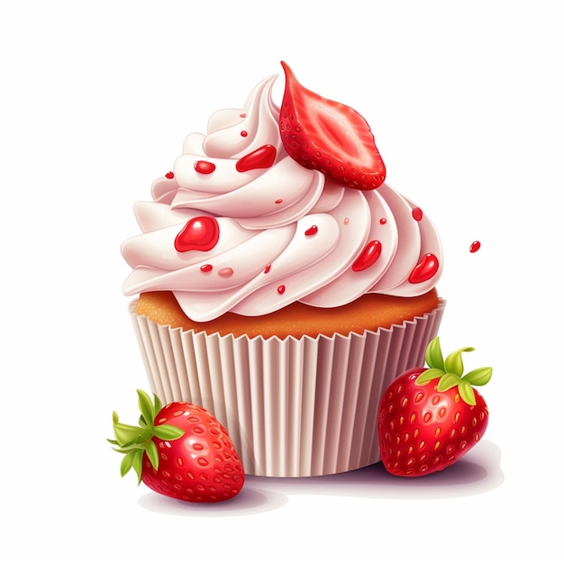 There is a cupcake with cream and strawberries on top generative ai