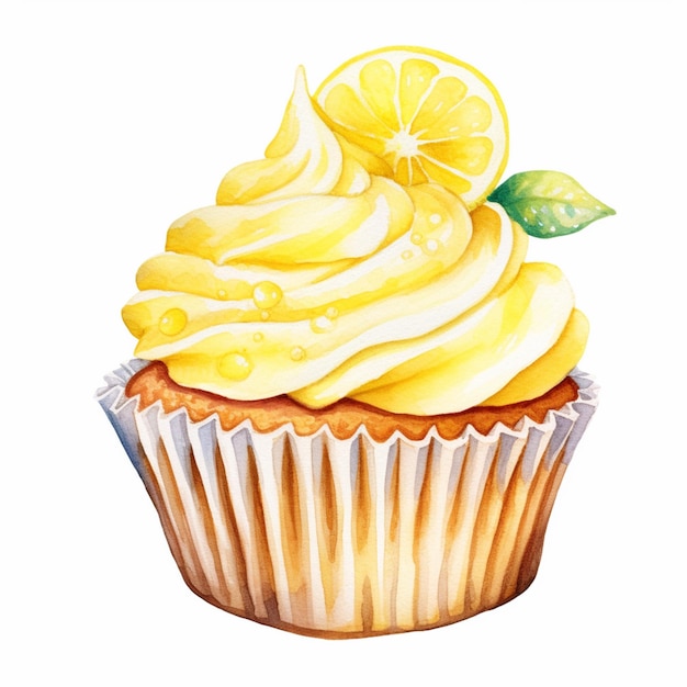 There is a cupcake with lemon frosting and a slice of lemon generative ai