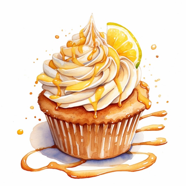 There is a cupcake with a lemon on top and a drizzle of icing generative ai