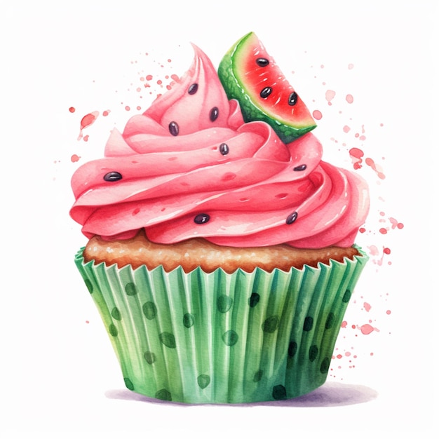 There is a cupcake with pink frosting and a slice of watermelon generative ai