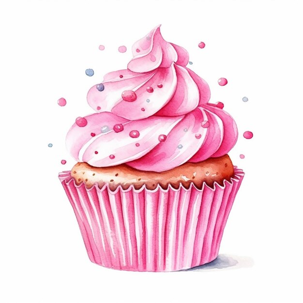 there is a cupcake with pink frosting and sprinkles on it generative ai