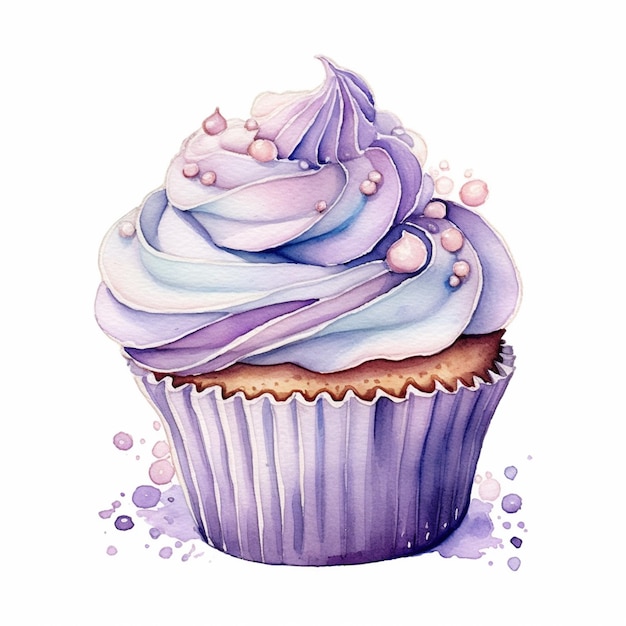 There is a cupcake with purple frosting and sprinkles on it generative ai