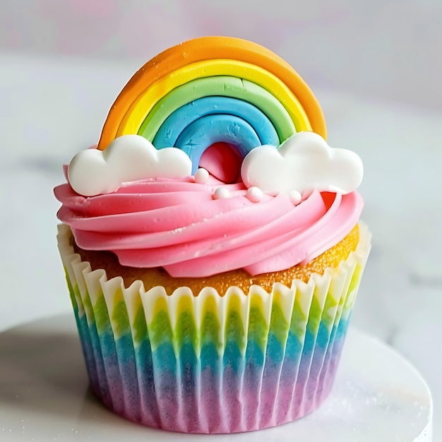 Photo there is a cupcake with a rainbow on top of it