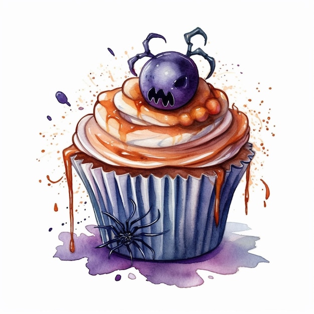 There is a cupcake with a spider on top of it generative ai