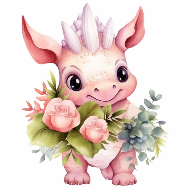 There is a cute little baby animal holding a bouquet of flowers generative ai