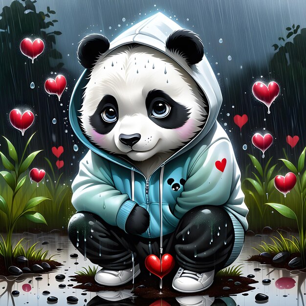 There is a cute little panda wearing a cozy hoodie standing in the rain As I look closer I notic