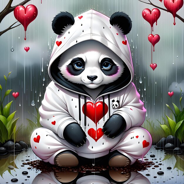 There is a cute little panda wearing a cozy hoodie standing in the rain As I look closer I notic