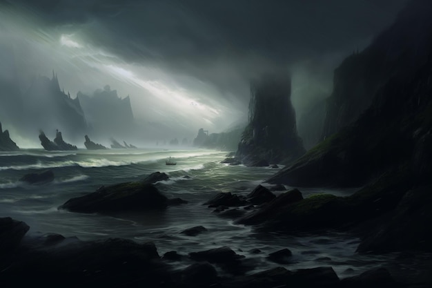 There is a dark and stormy scene of a rocky beach generative ai